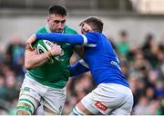 11 February 2024; Jack Conan of Ireland is tackled by Federico Ruzza of Italy during the Guinness Six Nations Rugby Championship match between Ireland and Italy at the Aviva Stadium in Dublin. Photo by Piaras Ó Mídheach/Sportsfile