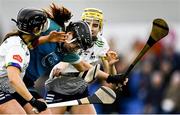11 February 2024; Kerrie Finnegan of Technological University Dublin in action against Sharon Shanahan, left, and Stephanie Woulfe of University of Limerick during the Electric Ireland Ashbourne Cup final match between University of Limerick and Technological University Dublin at University of Galway Connacht GAA AirDome in Bekan, Mayo. Photo by Sam Barnes/Sportsfile