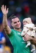 11 February 2024; James Lowe of Ireland with his son Nico after the Guinness Six Nations Rugby Championship match between Ireland and Italy at the Aviva Stadium in Dublin. Photo by Piaras Ó Mídheach/Sportsfile