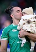 11 February 2024; James Lowe of Ireland with his son Nico after the Guinness Six Nations Rugby Championship match between Ireland and Italy at the Aviva Stadium in Dublin. Photo by Piaras Ó Mídheach/Sportsfile