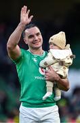 11 February 2024; James Lowe of Ireland with his son Nico after the Guinness Six Nations Rugby Championship match between Ireland and Italy at the Aviva Stadium in Dublin. Photo by Brendan Moran/Sportsfile