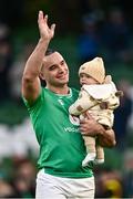 11 February 2024; James Lowe of Ireland with his son Nico after the Guinness Six Nations Rugby Championship match between Ireland and Italy at the Aviva Stadium in Dublin. Photo by Ben McShane/Sportsfile