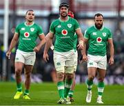 11 February 2024; Ireland players, from left, James Lowe, Caelan Doris, Jamison Gibson-Park after the Guinness Six Nations Rugby Championship match between Ireland and Italy at the Aviva Stadium in Dublin. Photo by Brendan Moran/Sportsfile