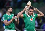 11 February 2024; Robbie Henshaw of Ireland, left, and James Lowe of Ireland with his son Nico after the Guinness Six Nations Rugby Championship match between Ireland and Italy at the Aviva Stadium in Dublin. Photo by Piaras Ó Mídheach/Sportsfile