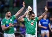 11 February 2024; Robbie Henshaw of Ireland, left, and James Lowe of Ireland with his son Nico after the Guinness Six Nations Rugby Championship match between Ireland and Italy at the Aviva Stadium in Dublin. Photo by Piaras Ó Mídheach/Sportsfile