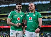 11 February 2024; Harry Byrne, left, and Finlay Bealham of Ireland after the Guinness Six Nations Rugby Championship match between Ireland and Italy at the Aviva Stadium in Dublin. Photo by Ben McShane/Sportsfile