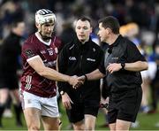 11 February 2024; Referee Colm Lyons shakes hands with Daithi Burke of Galway after Allianz Hurling League Division 1 Group B match between Tipperary and Galway at FBD Semple Stadium in Thurles, Tipperary. Photo by Ray McManus/Sportsfile