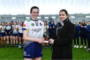 11 February 2024; Mairead O'Brien of University of Limerick is presented with the Electric Ireland Player of the Match award by Aiste Petraityte, Electric Ireland Brand and Sponsorship Manager, following her performance in the Electric Ireland Ashbourne Cup final match between University of Limerick and Technological University Dublin at University of Galway Connacht GAA AirDome in Bekan, Mayo. #FirstClassRivals. Photo by Sam Barnes/Sportsfile