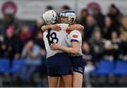 11 February 2024; University of Limerick players Rachael Walsh, right, and Sarah Madden celebrate after their side's victory in the Electric Ireland Ashbourne Cup final match between University of Limerick and Technological University Dublin at University of Galway Connacht GAA AirDome in Bekan, Mayo. Photo by Sam Barnes/Sportsfile
