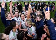 11 February 2024; University of Limerick players celebrate after their side's victory in the Electric Ireland Ashbourne Cup final match between University of Limerick and Technological University Dublin at University of Galway Connacht GAA AirDome in Bekan, Mayo. Photo by Sam Barnes/Sportsfile