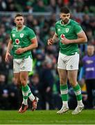11 February 2024; Harry Byrne of Ireland, right, and Jack Crowley during the Guinness Six Nations Rugby Championship match between Ireland and Italy at the Aviva Stadium in Dublin. Photo by Brendan Moran/Sportsfile