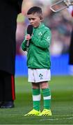 11 February 2024; Stevie Mulrooney performs Ireland's Call before the Guinness Six Nations Rugby Championship match between Ireland and Italy at the Aviva Stadium in Dublin. Photo by Piaras Ó Mídheach/Sportsfile