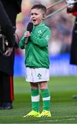 11 February 2024; Stevie Mulrooney performs Ireland's Call before the Guinness Six Nations Rugby Championship match between Ireland and Italy at the Aviva Stadium in Dublin. Photo by Piaras Ó Mídheach/Sportsfile