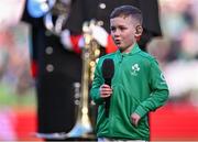 11 February 2024; Stevie Mulrooney performs Ireland's Call before the Guinness Six Nations Rugby Championship match between Ireland and Italy at the Aviva Stadium in Dublin. Photo by Piaras Ó Mídheach/Sportsfile