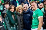 11 February 2024; Josh van der Flier of Ireland, with, from left, wife Sophie de Patoul, mother Olly and father Dirk after the Guinness Six Nations Rugby Championship match between Ireland and Italy at the Aviva Stadium in Dublin. Photo by John Dickson/Sportsfile