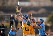 11 February 2024; Players compete for possession late in the Allianz Hurling League Division 1 Group B match between Antrim and Dublin at Corrigan Park in Belfast. Photo by Ramsey Cardy/Sportsfile