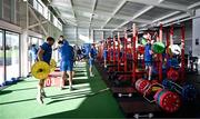 12 February 2024; Liam Turner, left, and teammates during a gym session on the Leinster Rugby 12 County Tour at Mullingar RFC in Westmeath. Photo by Harry Murphy/Sportsfile