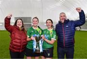 11 February 2024; Hannah Dorrian, 3, and Molly Dorrian, 21, of Queens University Belfast celebrate with their parents Kate and Joe after their side's victory in the Electric Ireland Fr Meaghair Cup final match between Queens University Belfast and Ulster University Jordanstown at University of Galway Connacht GAA Centre of Excellence in Bekan, Mayo. Photo by Sam Barnes/Sportsfile