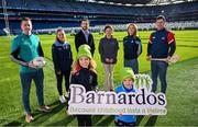 12 February 2024; In attandance at the GPA and Barnardos launch of their official charity partnership for 2024 in Croke Park, Dublin, are Nathalia Manning, age 8, and Leon Foy Hebib, age 6, with from left, Mayo footballer Cillian O'Connor, Cavan ladies footballer Christina Charters, GPA Chief Executive Tom Parsons, Barnardos Ireland Chief Executive Officer Suzanne Connolly, Dublin camogie player Aisling Maher and Cork hurler Seamus Harnedy. Photo by Ramsey Cardy/Sportsfile