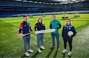 12 February 2024; In attandance at the GPA and Barnardos launch of their official charity partnership for 2024 in Croke Park, Dublin, are from left, Cork hurler Seamus Harnedy, Dublin camogie player Aisling Maher, Mayo footballer Cillian O'Connor and Cavan ladies footballer Christina Charters. Photo by Ramsey Cardy/Sportsfile