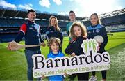 12 February 2024; In attandance at the GPA and Barnardos launch of their official charity partnership for 2024 in Croke Park, Dublin, are Leon Foy Hebib, age 6, and Nathalia Manning, age 8, with players, from left, Cork hurler Seamus Harnedy, Dublin camogie player Aisling Maher, Mayo footballer Cillian O'Connor and Cavan ladies footballer Christina Charters. Photo by Ramsey Cardy/Sportsfile