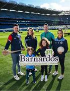 12 February 2024; In attandance at the GPA and Barnardos launch of their official charity partnership for 2024 in Croke Park, Dublin, are Leon Foy Hebib, age 6, and Nathalia Manning, age 8, with players, from left, Cork hurler Seamus Harnedy, Dublin camogie player Aisling Maher, Mayo footballer Cillian O'Connor and Cavan ladies footballer Christina Charters. Photo by Ramsey Cardy/Sportsfile