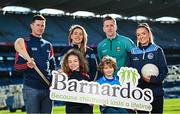 12 February 2024; In attandance at the GPA and Barnardos launch of their official charity partnership for 2024 in Croke Park, Dublin, are Nathalia Manning, age 8, and Leon Foy Hebib, age 6, with players, from left, Cork hurler Seamus Harnedy, Dublin camogie player Aisling Maher, Mayo footballer Cillian O'Connor and Cavan ladies footballer Christina Charters. Photo by Ramsey Cardy/Sportsfile