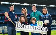 12 February 2024; In attandance at the GPA and Barnardos launch of their official charity partnership for 2024 in Croke Park, Dublin, are Nathalia Manning, age 8, and Leon Foy Hebib, age 6, with players, from left, Cork hurler Seamus Harnedy, Dublin camogie player Aisling Maher, Mayo footballer Cillian O'Connor and Cavan ladies footballer Christina Charters. Photo by Ramsey Cardy/Sportsfile
