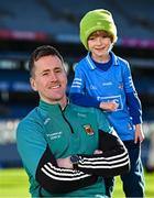 12 February 2024; In attandance at the GPA and Barnardos launch of their official charity partnership for 2024 in Croke Park, Dublin, is Mayo footballer Cillian O'Connor with Leon Foy Hebib, age 6. Photo by Ramsey Cardy/Sportsfile