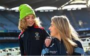 12 February 2024; In attandance at the GPA and Barnardos launch of their official charity partnership for 2024 in Croke Park, Dublin, is Dublin camogie player Aisling Maher with Nathalia Manning, age 8. Photo by Ramsey Cardy/Sportsfile