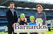 12 February 2024; In attandance at the GPA and Barnardos launch of their official charity partnership for 2024 in Croke Park, Dublin, are Nathalia Manning, age 8, and Leon Foy Hebib, age 6, with GPA Chief Executive Tom Parsons and Barnardos Ireland Chief Executive Officer Suzanne Connolly. Photo by Ramsey Cardy/Sportsfile