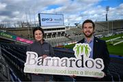 12 February 2024; In attandance at the GPA and Barnardos launch of their official charity partnership for 2024 in Croke Park, Dublin, are GPA Chief Executive Tom Parsons and Barnardos Ireland Chief Executive Officer Suzanne Connolly. Photo by Ramsey Cardy/Sportsfile