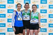 11 February 2024; From left, Deirdre Mc Crae of Galway City Harriers AC, Kate Purcell, and Fiona Roche of Raheny Shamrock AC, Dublin, after the masters women's 4000m during the 123.ie National Intermediate, Masters & Juvenile B Cross Country Championships at DKiT Campus in Dundalk, Louth. Photo by Stephen Marken/Sportsfile