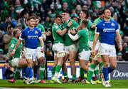 11 February 2024; Dan Sheehan of Ireland, centre, celebrates with teammates, from left, Calvin Nash, Craig Casey and Joe McCarthy after scoring their side's fourth try during the Guinness Six Nations Rugby Championship match between Ireland and Italy at the Aviva Stadium in Dublin. Photo by Brendan Moran/Sportsfile
