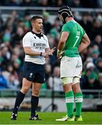 11 February 2024; Referee Luke Pearce speaks to Ireland captain Caelan Doris during the Guinness Six Nations Rugby Championship match between Ireland and Italy at the Aviva Stadium in Dublin. Photo by Brendan Moran/Sportsfile