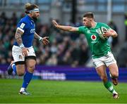 11 February 2024; Jack Crowley of Ireland in action against Federico Mori of Italy during the Guinness Six Nations Rugby Championship match between Ireland and Italy at the Aviva Stadium in Dublin. Photo by Brendan Moran/Sportsfile