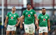 11 February 2024; Ireland captain Caelan Doris, centre, wih teammates James Lowe and Jamison Gibson-Park of Ireland during the Guinness Six Nations Rugby Championship match between Ireland and Italy at the Aviva Stadium in Dublin. Photo by Brendan Moran/Sportsfile