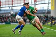 11 February 2024; Dan Sheehan of Ireland is tackled by Stephen Varney of Italy during the Guinness Six Nations Rugby Championship match between Ireland and Italy at the Aviva Stadium in Dublin. Photo by Brendan Moran/Sportsfile