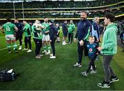 11 February 2024; Ireland head coach Andy Farrell with his grandson Tommy and son Gabriel after the Guinness Six Nations Rugby Championship match between Ireland and Italy at the Aviva Stadium in Dublin. Photo by Brendan Moran/Sportsfile