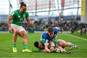 11 February 2024; Dan Sheehan of Ireland is tackled by Stephen Varney of Italy short of the try line during the Guinness Six Nations Rugby Championship match between Ireland and Italy at the Aviva Stadium in Dublin. Photo by Brendan Moran/Sportsfile