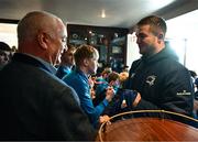 12 February 2024; Scott Penny presents a jersey to Mullingar RFC president Conal Fitzgerald during the Leinster Rugby 12 County Tour at Mullingar RFC in Westmeath. Photo by Harry Murphy/Sportsfile