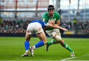 11 February 2024; Caelan Doris of Ireland is tackled by Paolo Garbisi of Italy during the Guinness Six Nations Rugby Championship match between Ireland and Italy at the Aviva Stadium in Dublin. Photo by Brendan Moran/Sportsfile