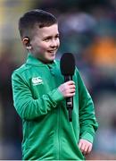 11 February 2024; Stevie Mulrooney before performing Ireland's Call before the Guinness Six Nations Rugby Championship match between Ireland and Italy at the Aviva Stadium in Dublin. Photo by Piaras Ó Mídheach/Sportsfile