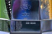 11 February 2024; A detalied view of the Guinness Six Nations trophy, showing the names of recent winners engraved, before the Guinness Six Nations Rugby Championship match between Ireland and Italy at the Aviva Stadium in Dublin. Photo by Piaras Ó Mídheach/Sportsfile