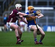 11 February 2024; Mark Kehoe of Tipperary is tackled by Shane Cooney of Galway during the Allianz Hurling League Division 1 Group B match between Tipperary and Galway at FBD Semple Stadium in Thurles, Tipperary. Photo by Ray McManus/Sportsfile
