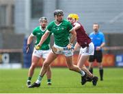 11 February 2024; Diarmaid Byrnes of Limerick in action against David O'Reilly of Westmeath during the Allianz Hurling League Division 1 Group B match between Westmeath and Limerick at TEG Cusack Park in Mullingar, Westmeath. Photo by Michael P Ryan/Sportsfile