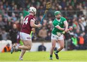 11 February 2024; Emmet McEvoy of Limerick in action against Eoin Keys of Westmeath during the Allianz Hurling League Division 1 Group B match between Westmeath and Limerick at TEG Cusack Park in Mullingar, Westmeath. Photo by Michael P Ryan/Sportsfile