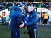 11 February 2024; Limerick manager John Kiely, left, shakes hands with Westmeath manager Joe Fortune after the Allianz Hurling League Division 1 Group B match between Westmeath and Limerick at TEG Cusack Park in Mullingar, Westmeath. Photo by Michael P Ryan/Sportsfile