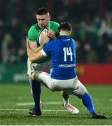 9 February 2024; Ben O’Connor of Ireland is tackled by Marco Scalabrin of Italy during the U20 Six Nations Rugby Championship match between Ireland and Italy at Virgin Media Park in Cork. Photo by Brendan Moran/Sportsfile