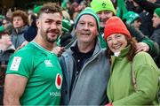 11 February 2024; Caelan Doris of Ireland with his father Chris and mother Rachel after the Guinness Six Nations Rugby Championship match between Ireland and Italy at the Aviva Stadium in Dublin. Photo by John Dickson/Sportsfile
